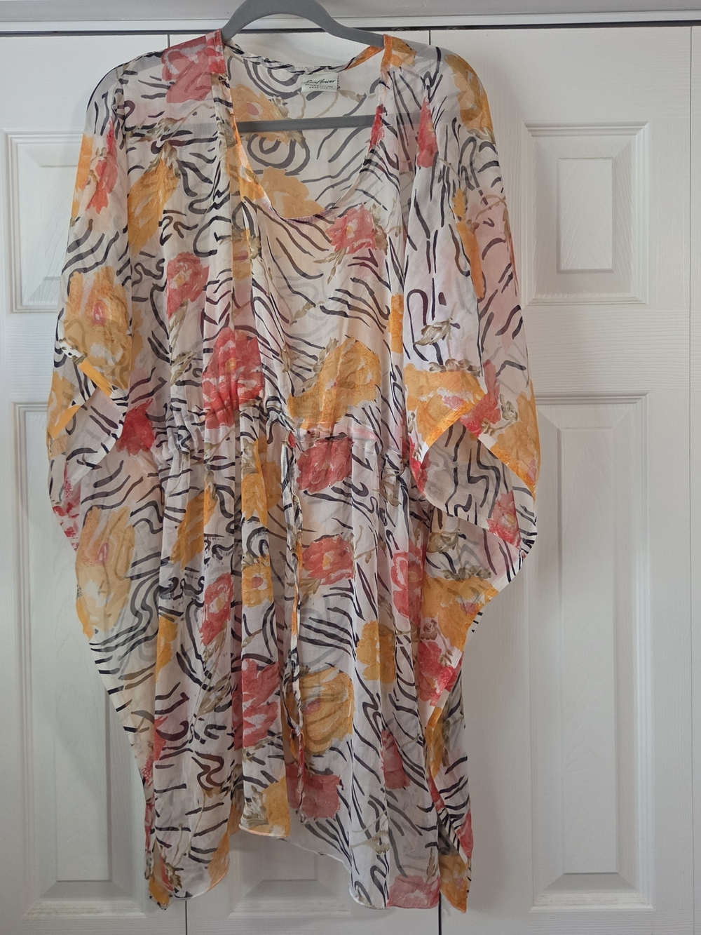 Lightweight Floral Zebra-Print Caftan By Sunflower- White with Pink & Yellow